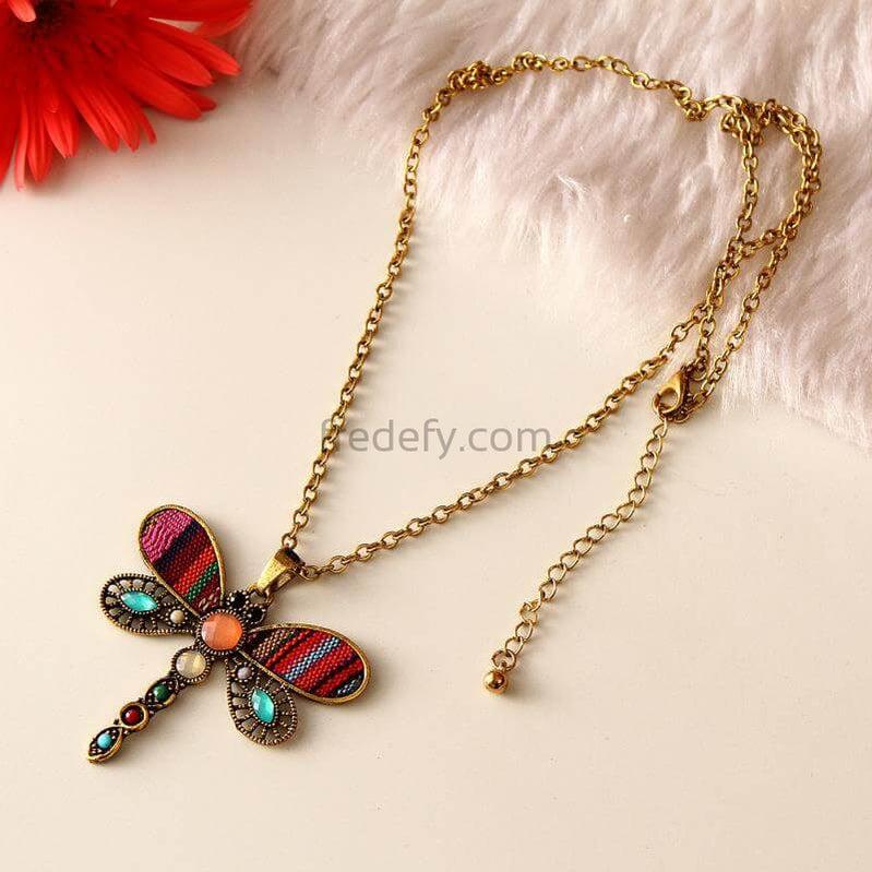 Dragonfly Design Long Chain Pendant Necklace-Fredefy