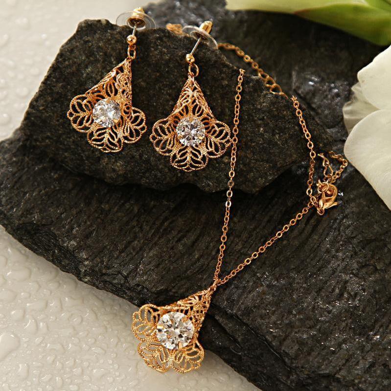 Fine Jali Work Gold Plated Necklace Set with CZ stones-Fredefy