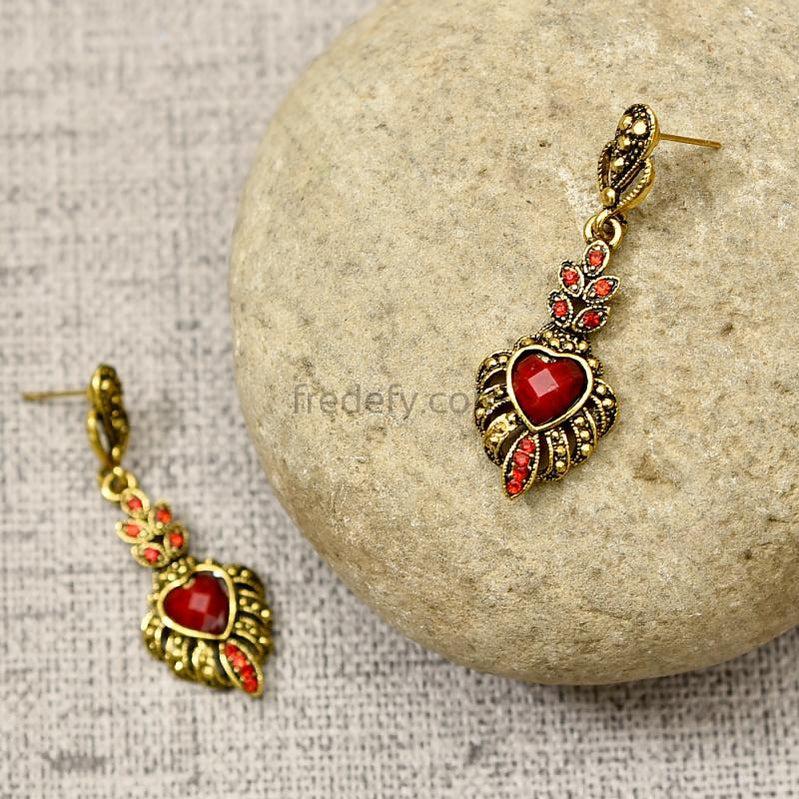 Gold Oxidised Heart Shaped Red Stone Earrings for Women-Fredefy