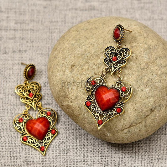 Gold Oxidised Red Stone Earrings for Women-Fredefy