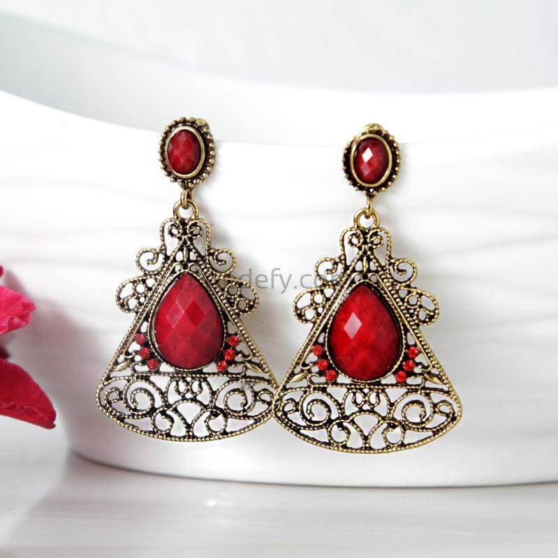 Gold Oxidised Red Stone Earrings-Fredefy