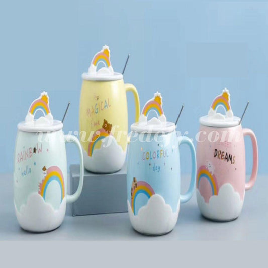 Rainbow Ceramic Mug With Lid & Spoon-Fredefy